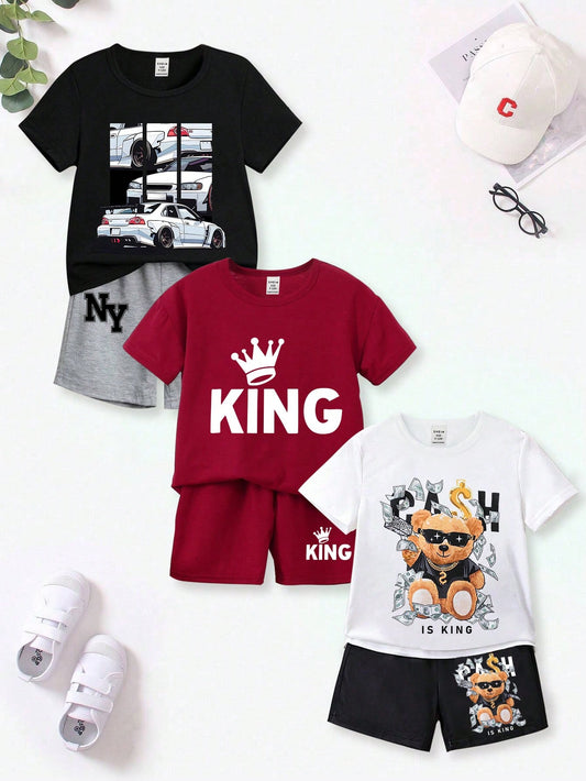 Baby Boy 3pcs Casual Outfits, Featuring Fun Sunglasses, Teddy Bear & Car Silhouette, Crown & Letter Slogan, Cartoon Style Short Sleeve T-Shirt And Shorts Set