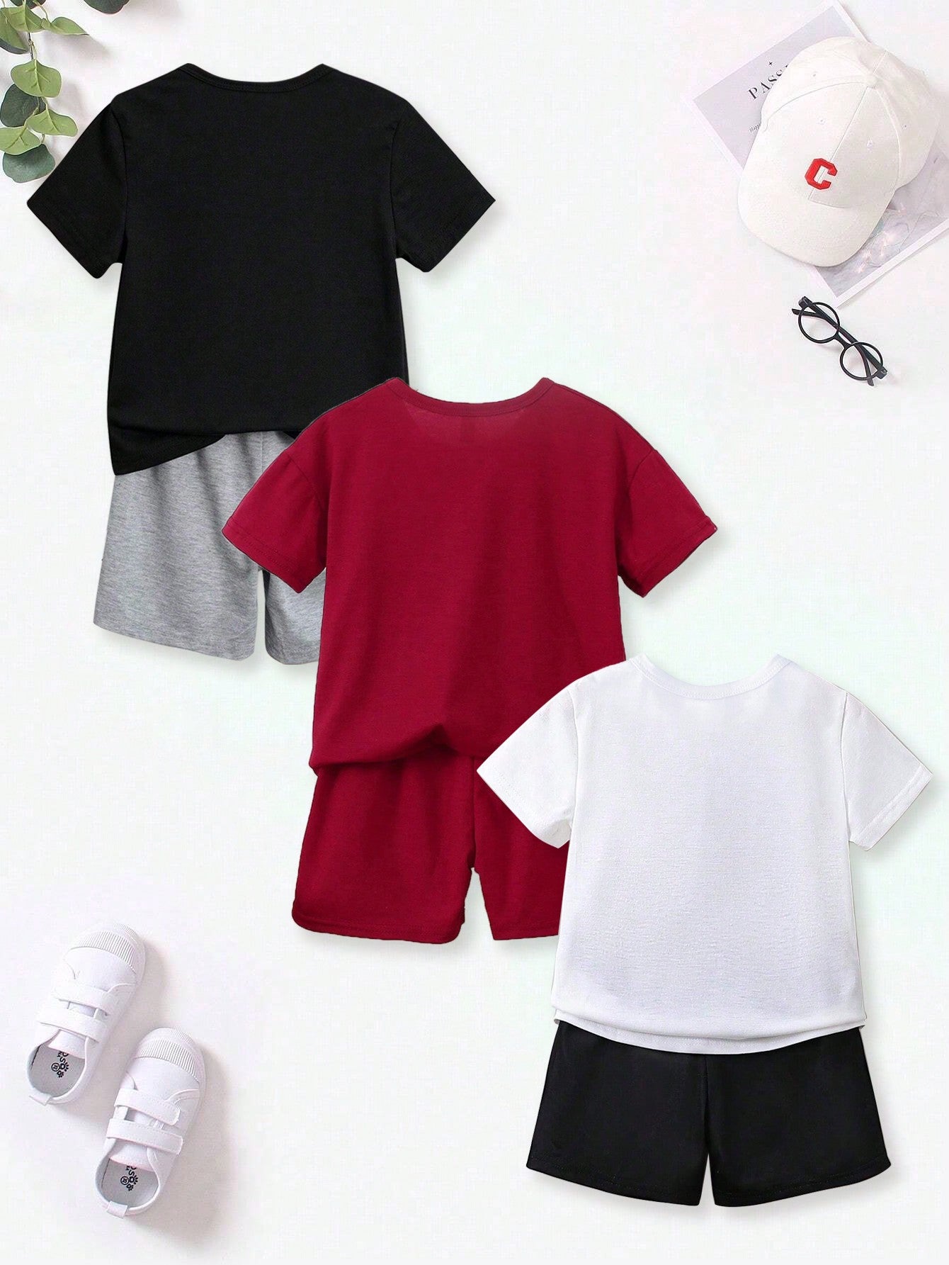 Baby Boy 3pcs Casual Outfits, Featuring Fun Sunglasses, Teddy Bear & Car Silhouette, Crown & Letter Slogan, Cartoon Style Short Sleeve T-Shirt And Shorts Set