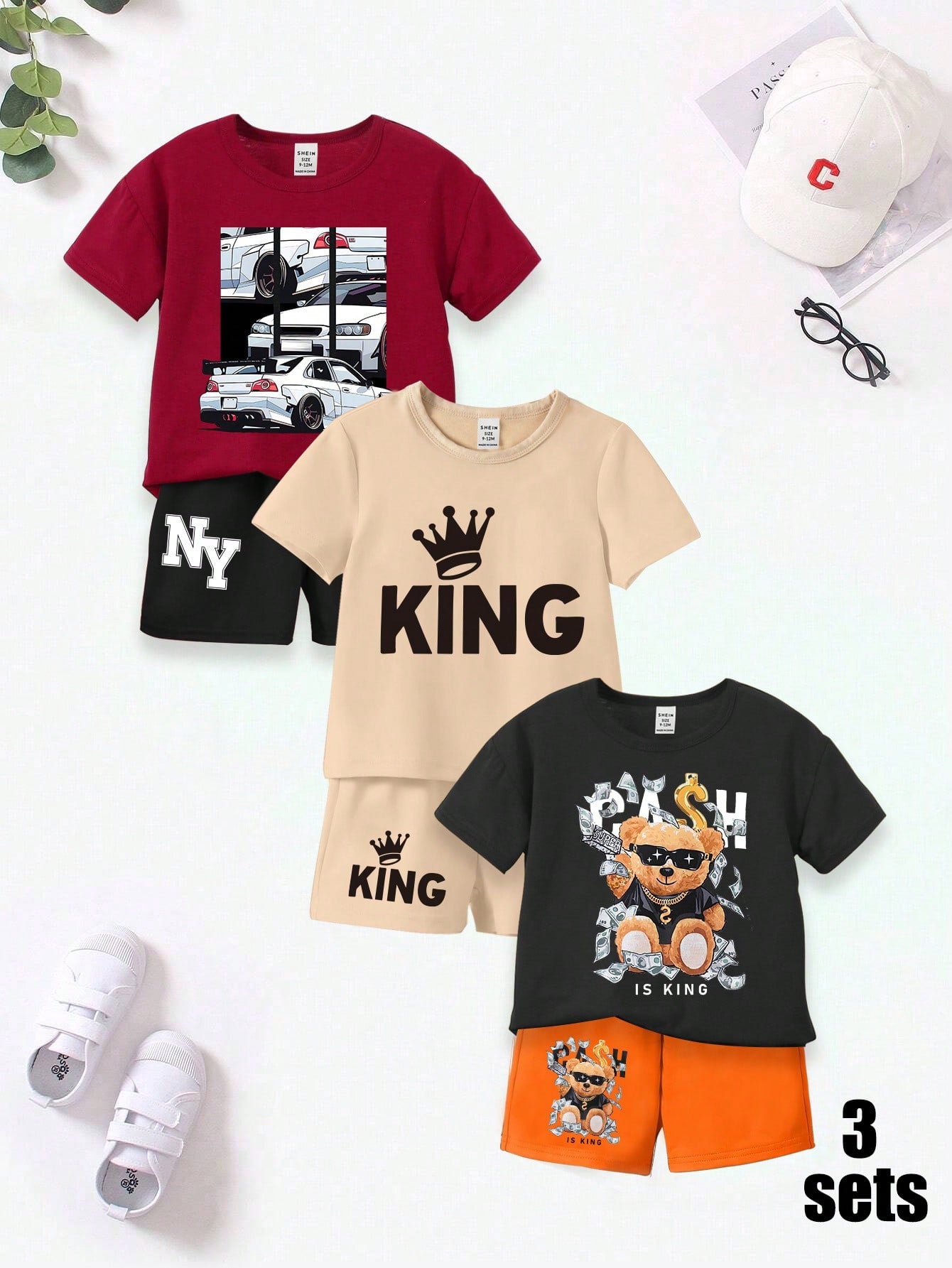 Baby Boy 3pcs Casual Outfits, Featuring Fun Sunglasses, Teddy Bear & Car Silhouette, Crown & Letter Slogan, Cartoon Style Short Sleeve T-Shirt And Shorts Set