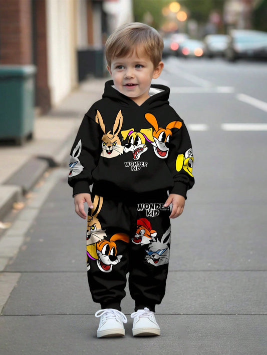 Baby Boy Casual Cool Dogs Cartoon Animal Graphic Loose Fit Thermal Lined Hoodie And Pants Set, Suitable For Autumn & Winter